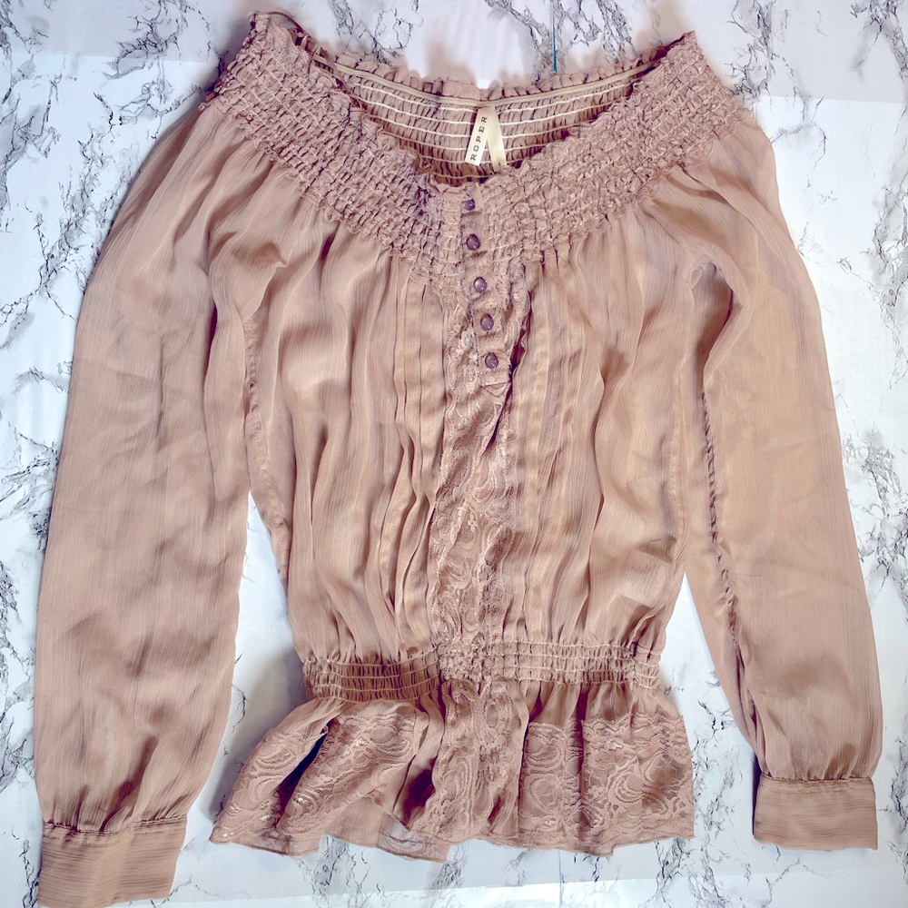 Roper Off Shoulder Long Sleeve Ruffle Neck Elastic Waist